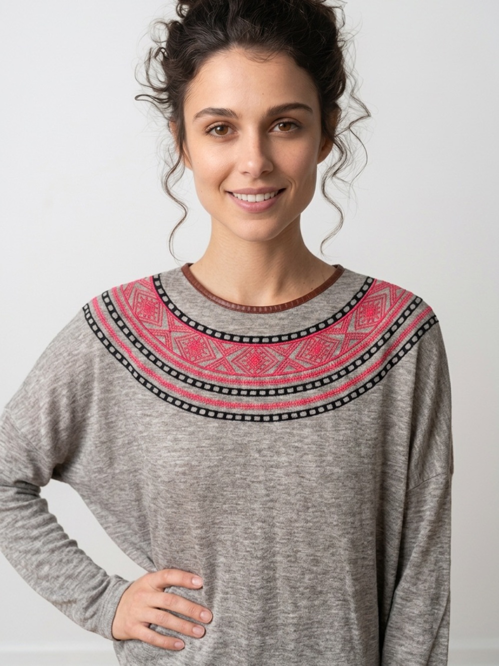THML Anthology Heather Grey Pullover Sweater with Pink Embroidered Yoke